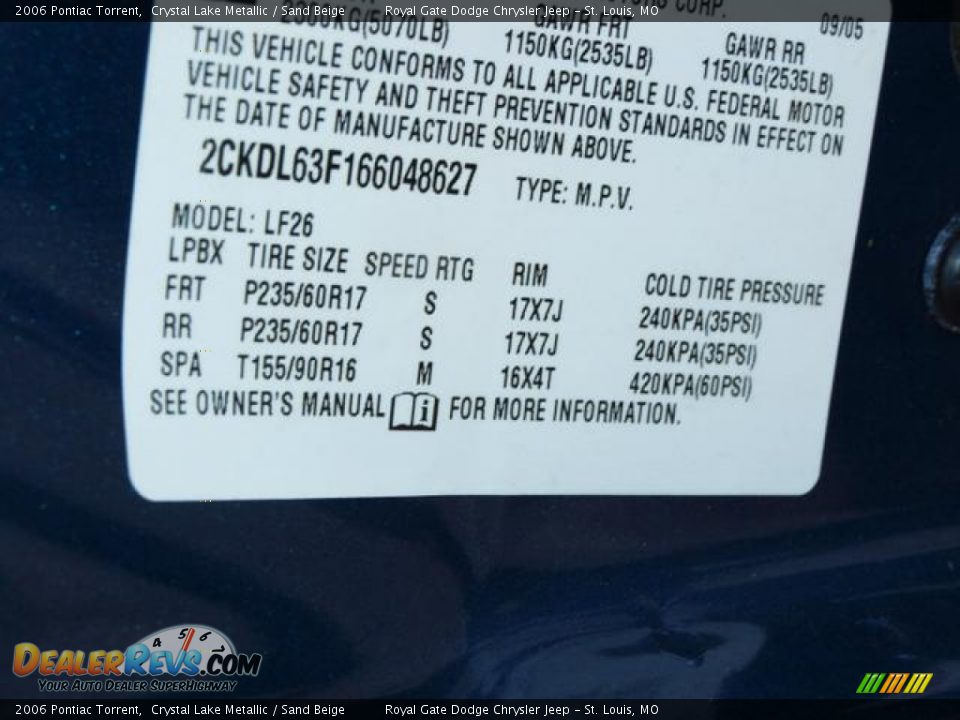 2006 Pontiac Torrent Crystal Lake Metallic / Sand Beige Photo #16
