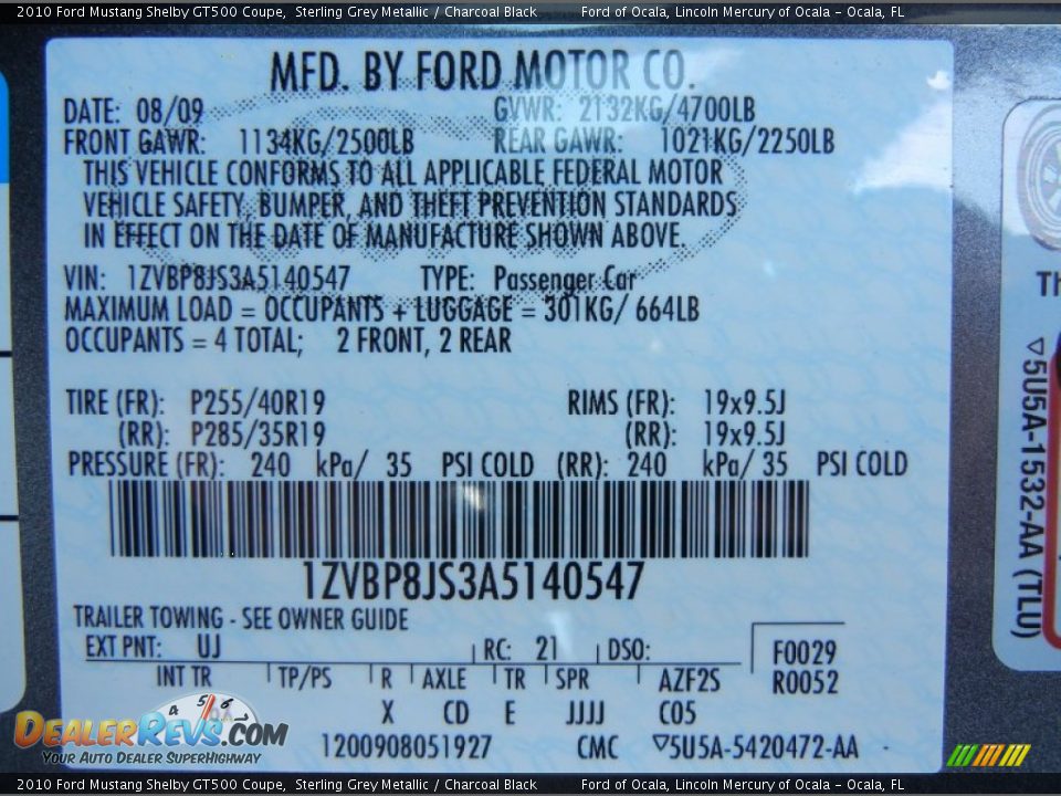 2010 Ford Mustang Shelby GT500 Coupe Sterling Grey Metallic / Charcoal Black Photo #27