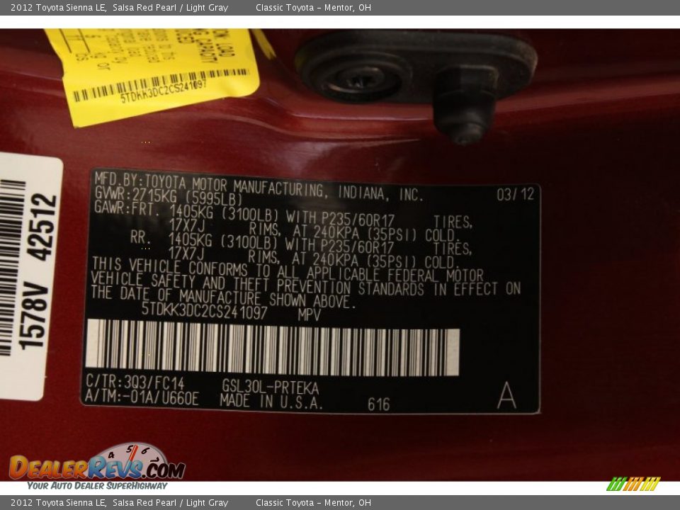 2012 Toyota Sienna LE Salsa Red Pearl / Light Gray Photo #20