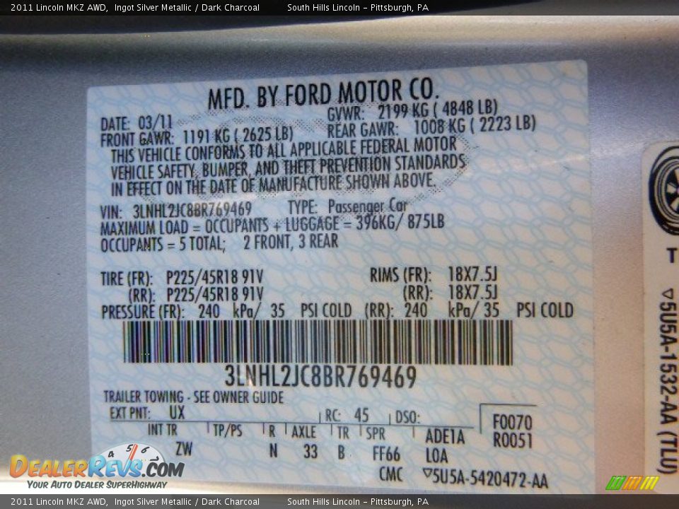 2011 Lincoln MKZ AWD Ingot Silver Metallic / Dark Charcoal Photo #23