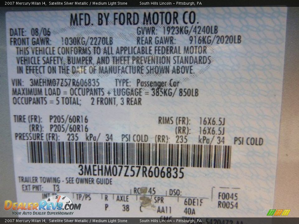 2007 Mercury Milan I4 Satellite Silver Metallic / Medium Light Stone Photo #24