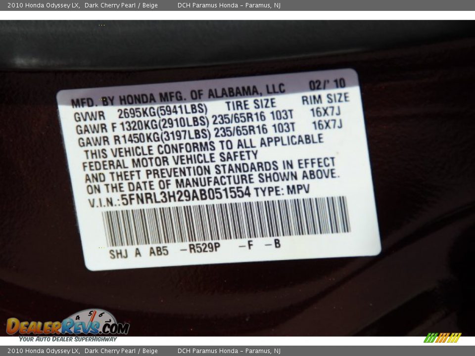 2010 Honda Odyssey LX Dark Cherry Pearl / Beige Photo #25