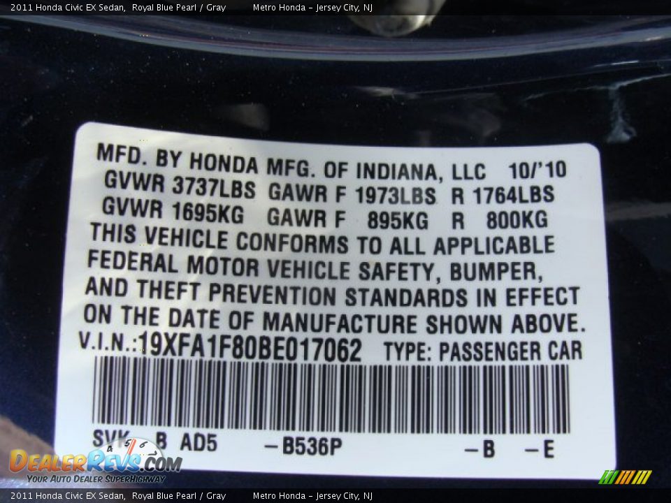 2011 Honda Civic EX Sedan Royal Blue Pearl / Gray Photo #16
