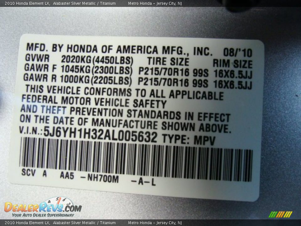 2010 Honda Element LX Alabaster Silver Metallic / Titanium Photo #16