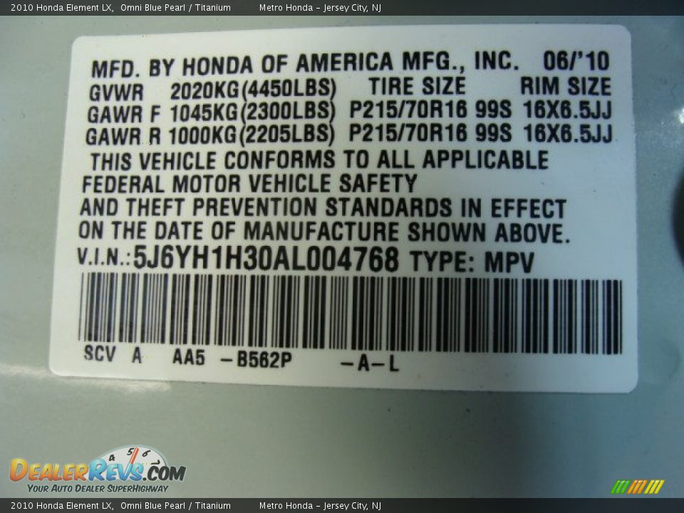 2010 Honda Element LX Omni Blue Pearl / Titanium Photo #16