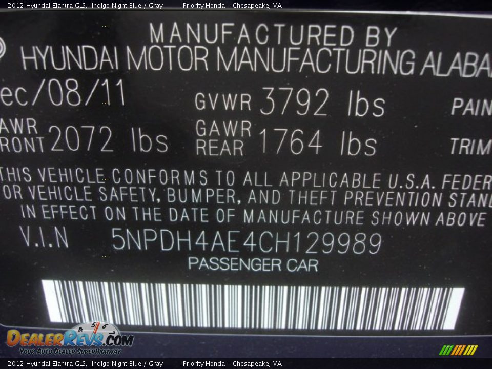 2012 Hyundai Elantra GLS Indigo Night Blue / Gray Photo #24