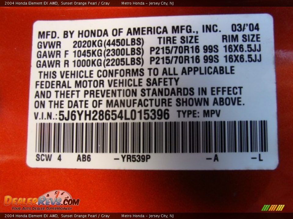 2004 Honda Element EX AWD Sunset Orange Pearl / Gray Photo #16