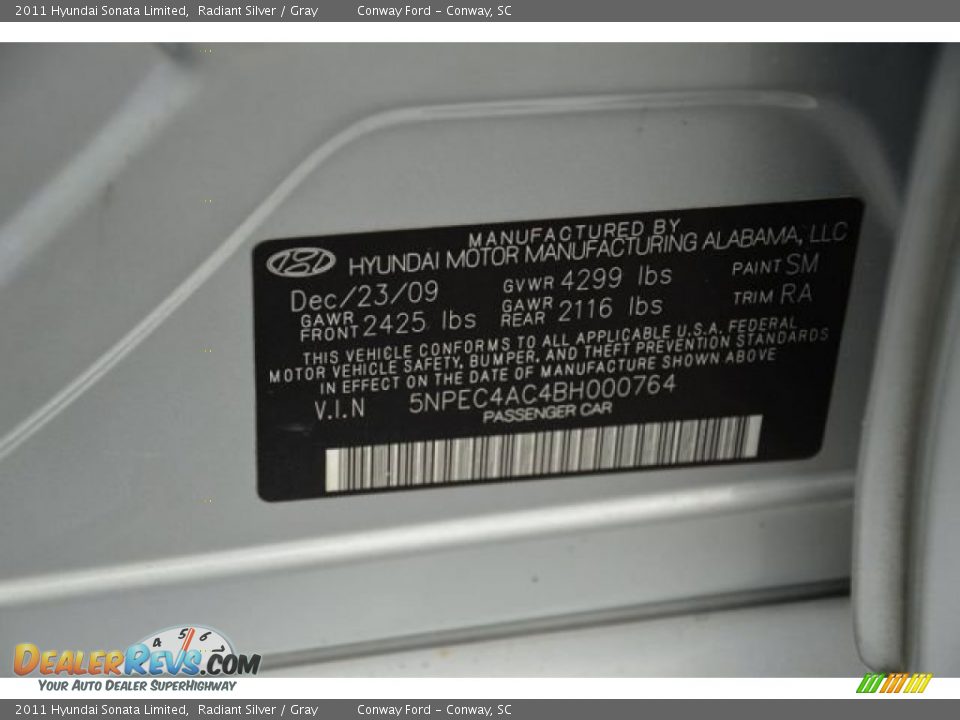 2011 Hyundai Sonata Limited Radiant Silver / Gray Photo #33