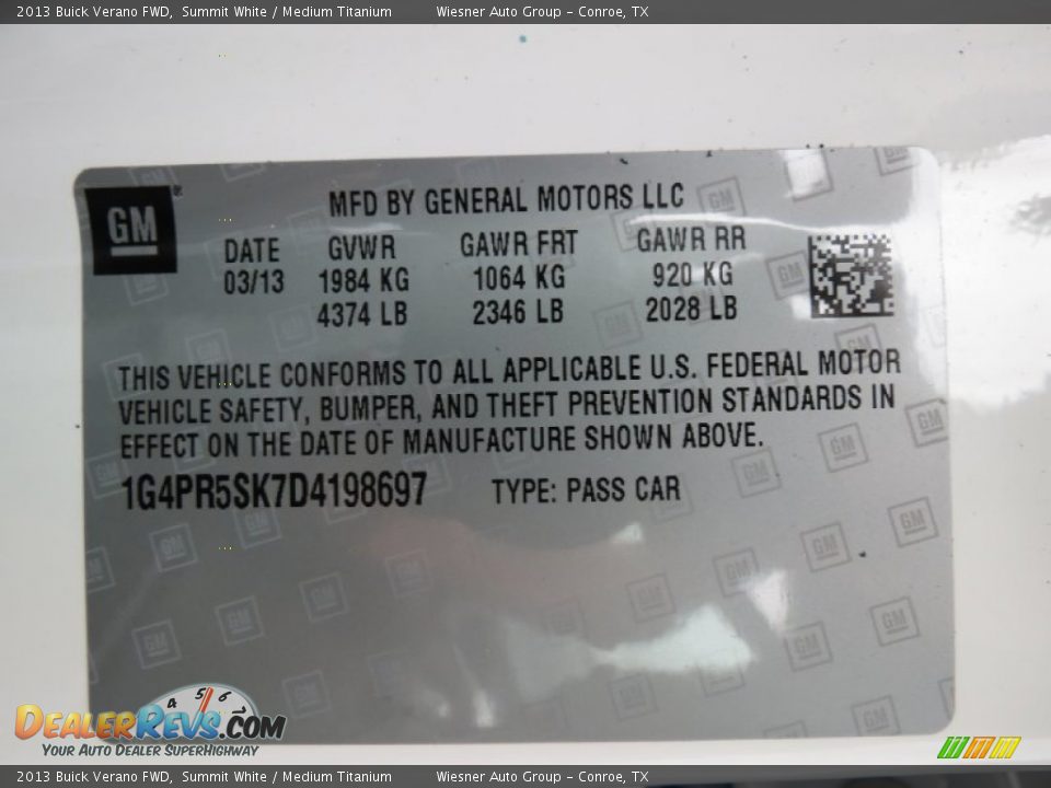 2013 Buick Verano FWD Summit White / Medium Titanium Photo #6