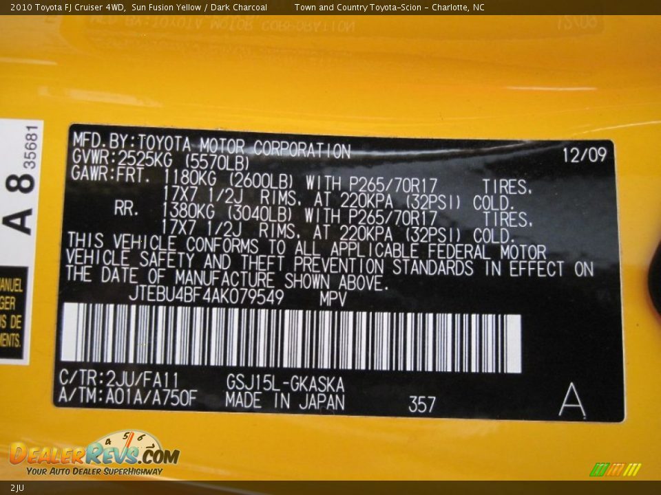 Toyota Color Code 2JU Sun Fusion Yellow