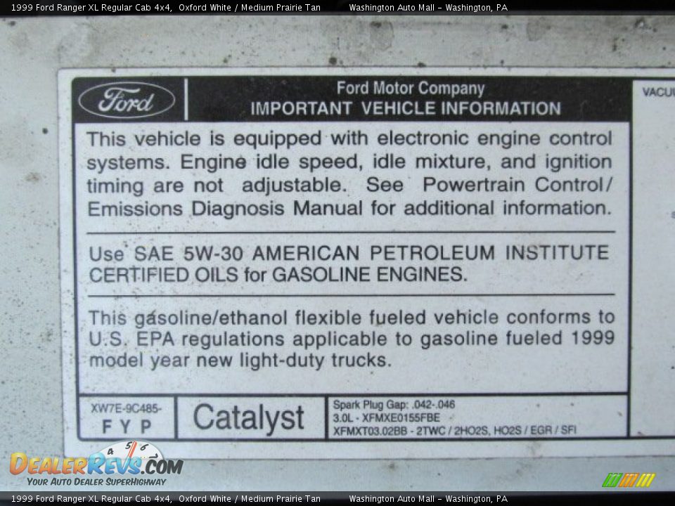 Info Tag of 1999 Ford Ranger XL Regular Cab 4x4 Photo #9