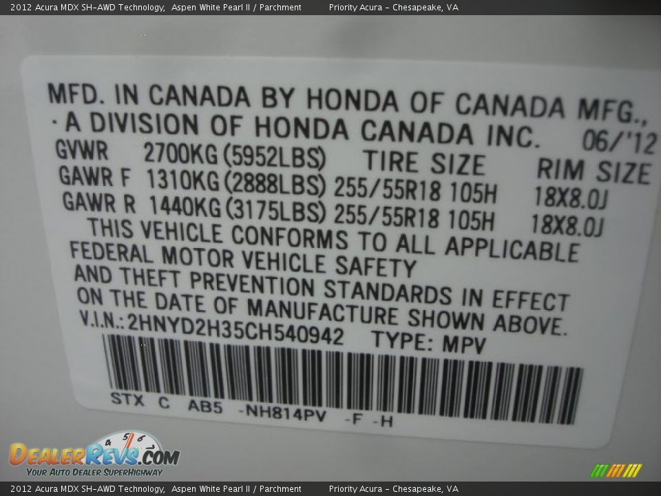 2012 Acura MDX SH-AWD Technology Aspen White Pearl II / Parchment Photo #33