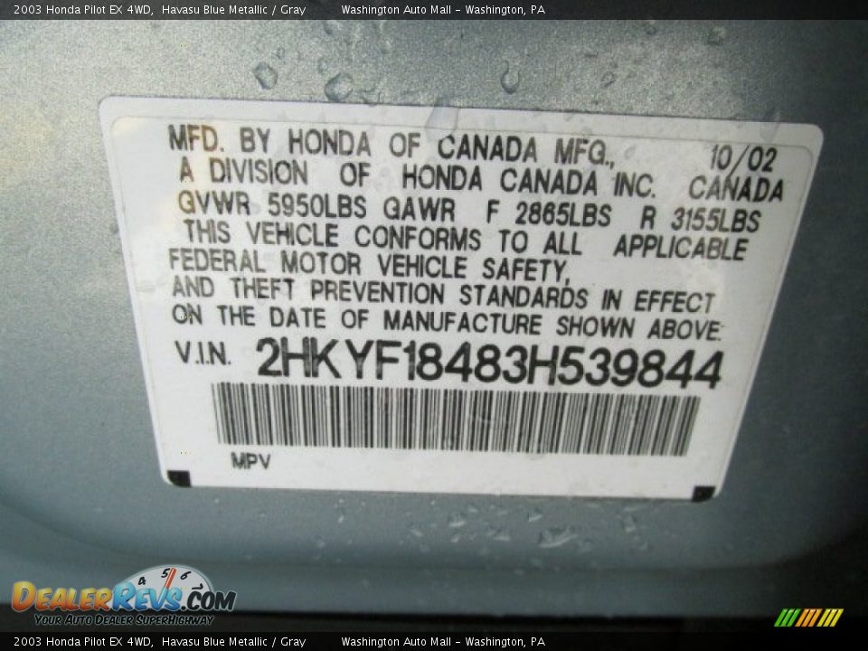 2003 Honda Pilot EX 4WD Havasu Blue Metallic / Gray Photo #19