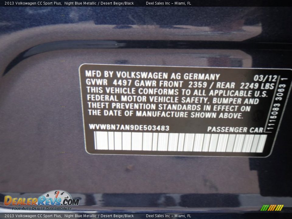 2013 Volkswagen CC Sport Plus Night Blue Metallic / Desert Beige/Black Photo #14