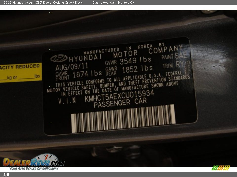 Hyundai Color Code SAE Cyclone Gray