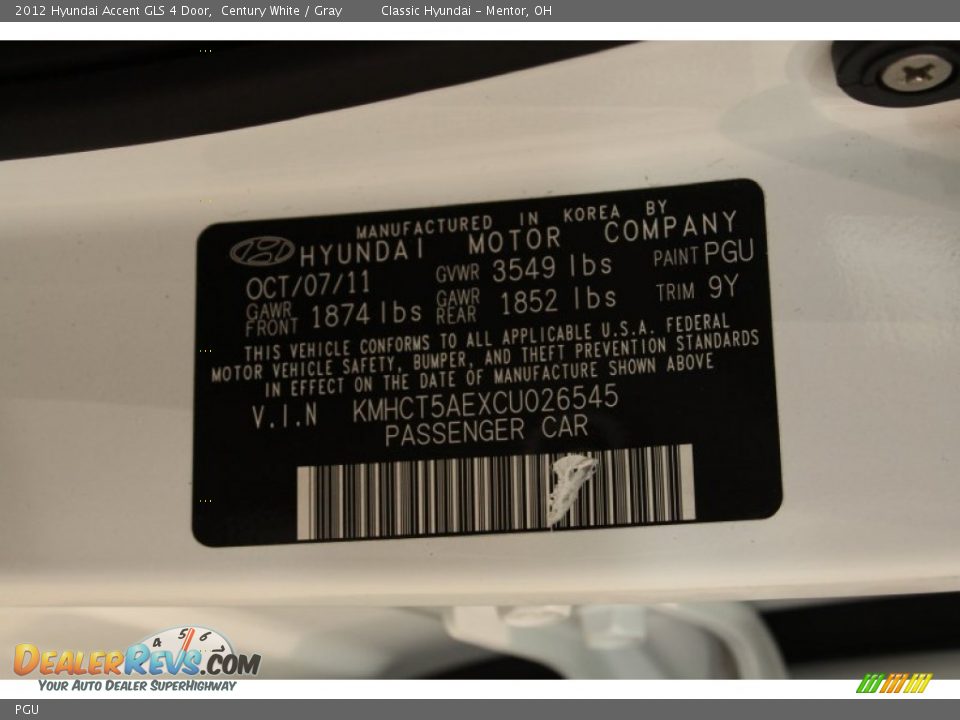 Hyundai Color Code PGU Century White