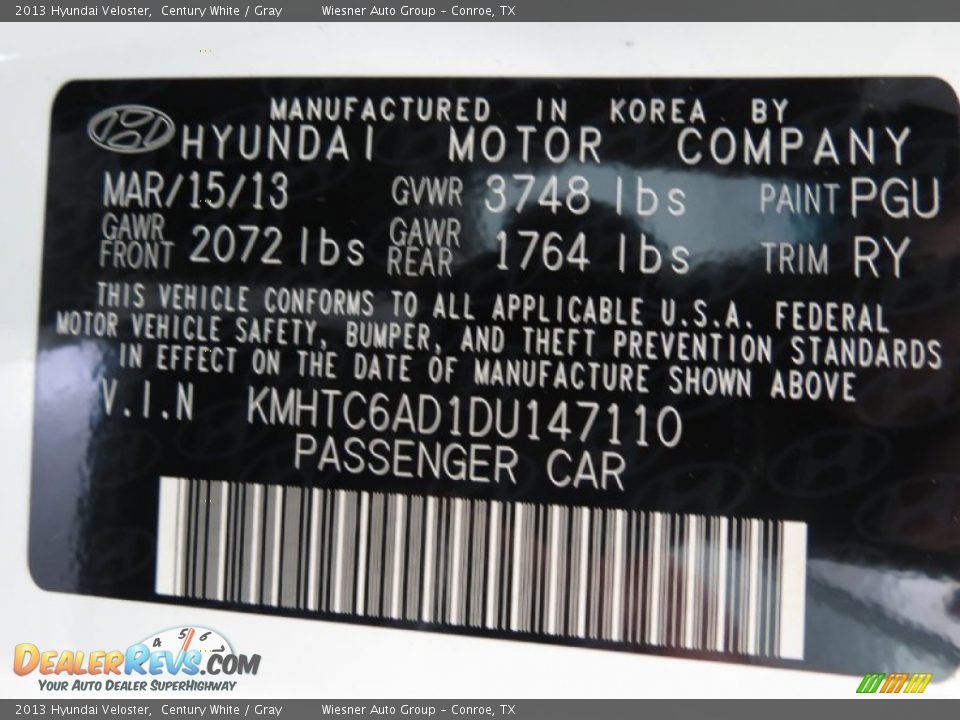 2013 Hyundai Veloster Century White / Gray Photo #7