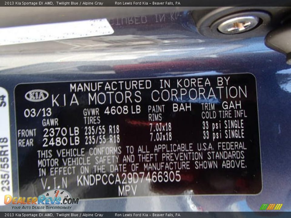 2013 Kia Sportage EX AWD Twilight Blue / Alpine Gray Photo #20