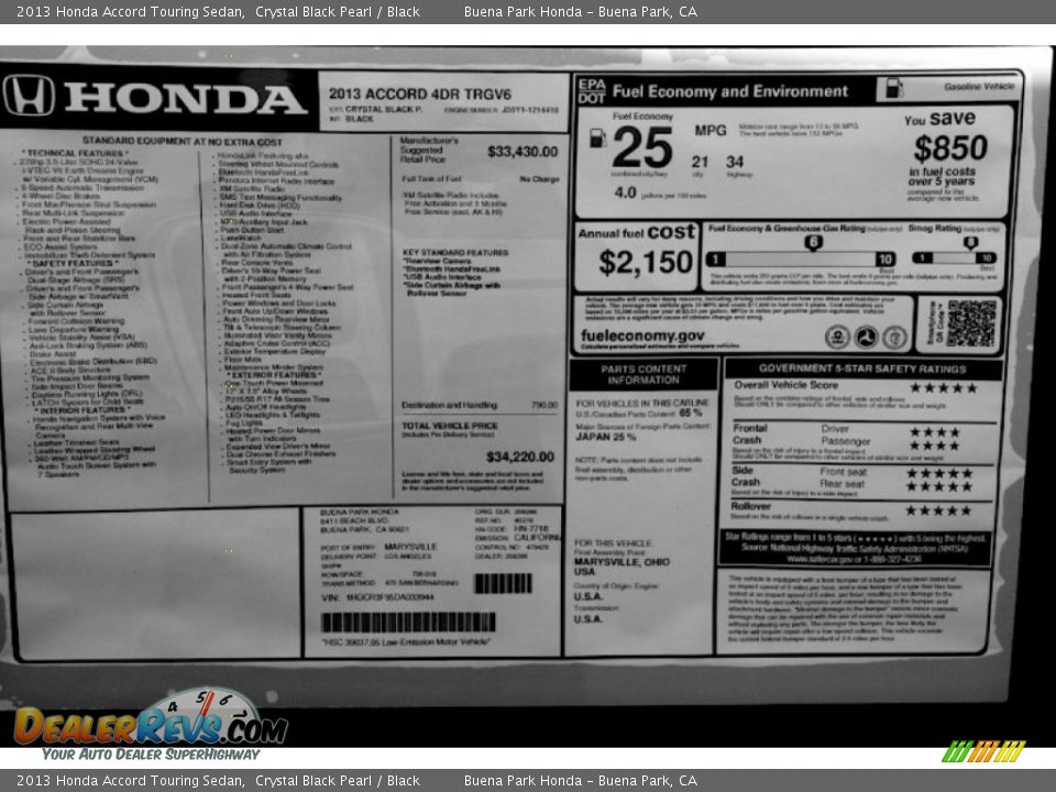 2013 Honda Accord Touring Sedan Crystal Black Pearl / Black Photo #24