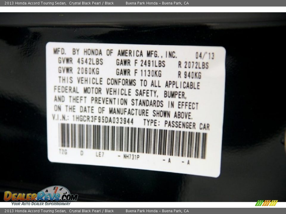 2013 Honda Accord Touring Sedan Crystal Black Pearl / Black Photo #25
