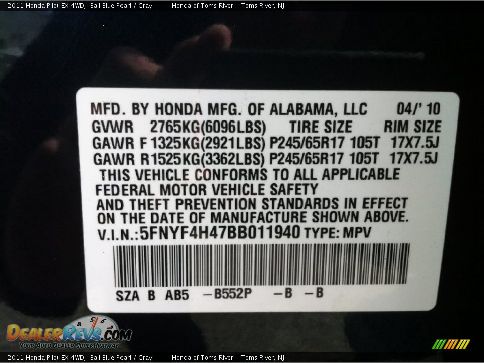 2011 Honda Pilot EX 4WD Bali Blue Pearl / Gray Photo #11
