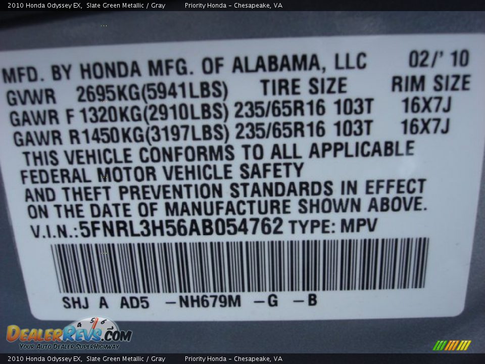 2010 Honda Odyssey EX Slate Green Metallic / Gray Photo #29