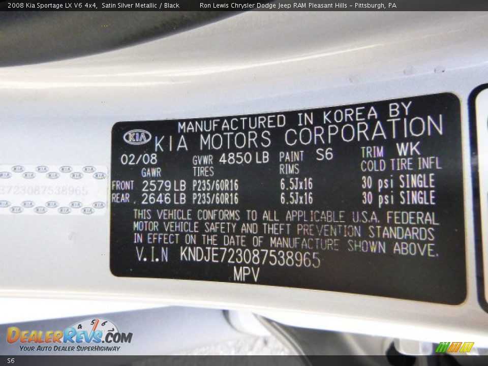 Kia Color Code S6 Satin Silver Metallic