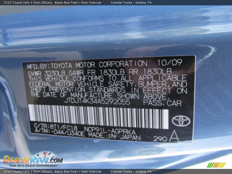2010 Toyota Yaris 3 Door Liftback Bayou Blue Pearl / Dark Charcoal Photo #19