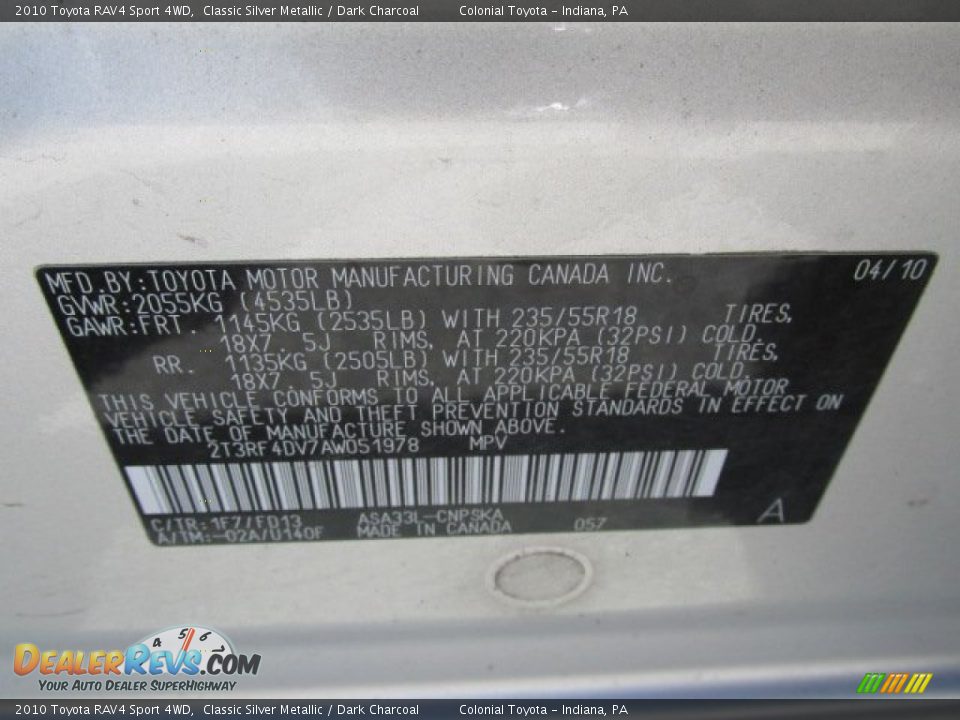 2010 Toyota RAV4 Sport 4WD Classic Silver Metallic / Dark Charcoal Photo #19