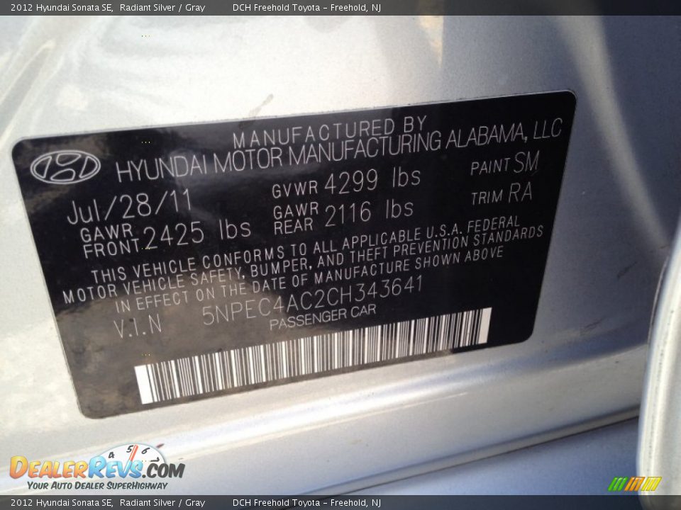 2012 Hyundai Sonata SE Radiant Silver / Gray Photo #18