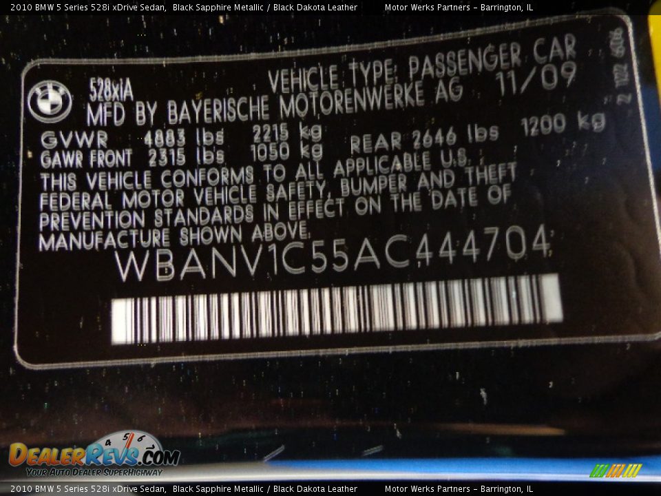 2010 BMW 5 Series 528i xDrive Sedan Black Sapphire Metallic / Black Dakota Leather Photo #17
