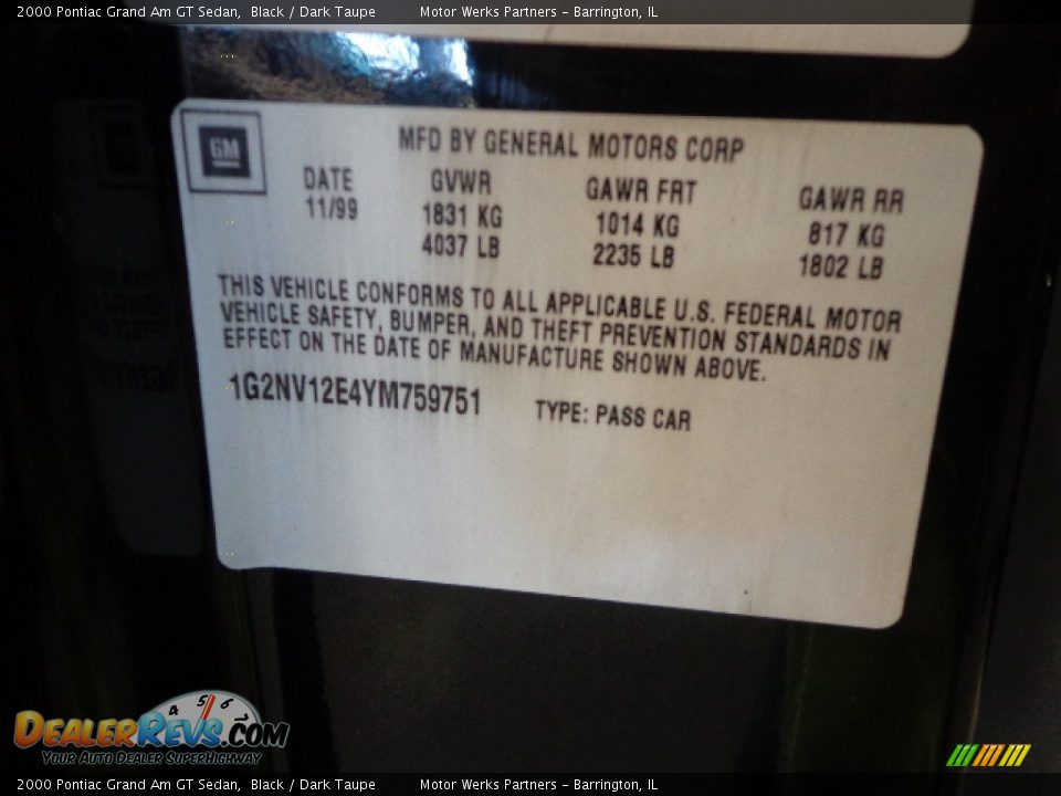 2000 Pontiac Grand Am GT Sedan Black / Dark Taupe Photo #9