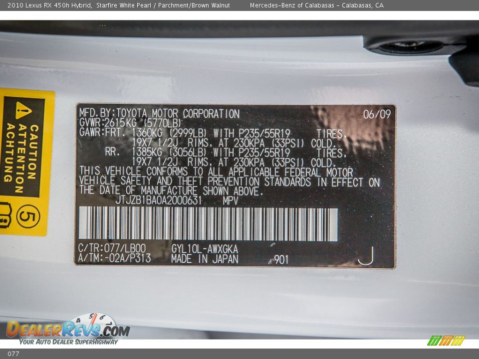 Lexus Color Code 077 Starfire White Pearl