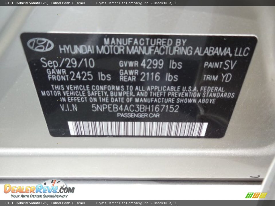 2011 Hyundai Sonata GLS Camel Pearl / Camel Photo #22