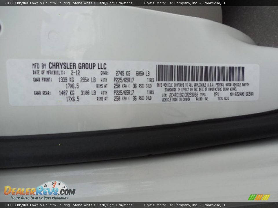 2012 Chrysler Town & Country Touring Stone White / Black/Light Graystone Photo #25