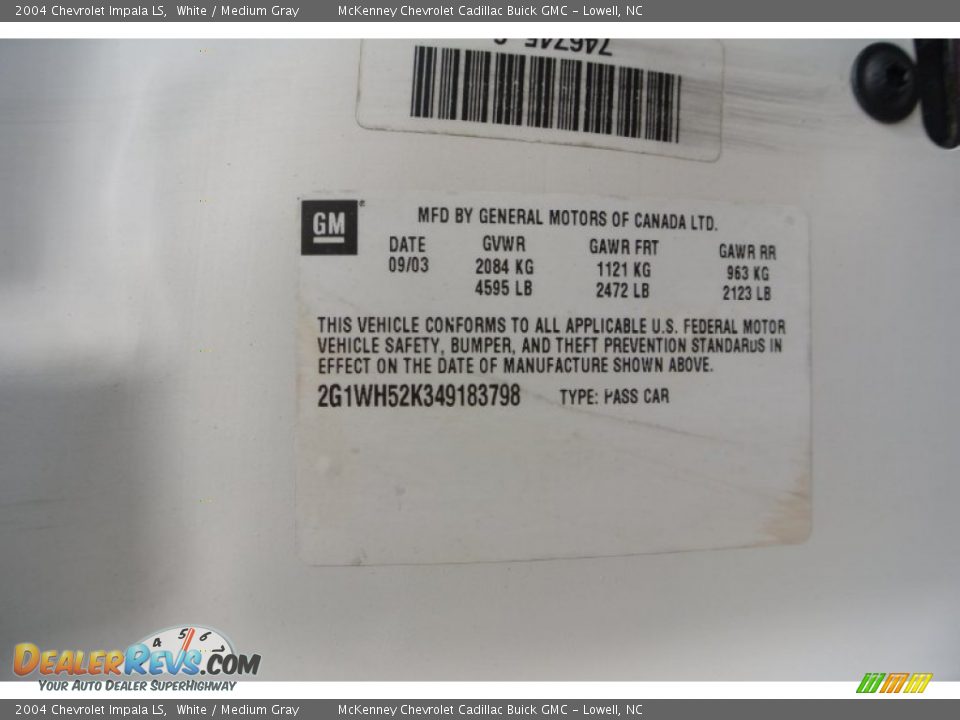 Info Tag of 2004 Chevrolet Impala LS Photo #7