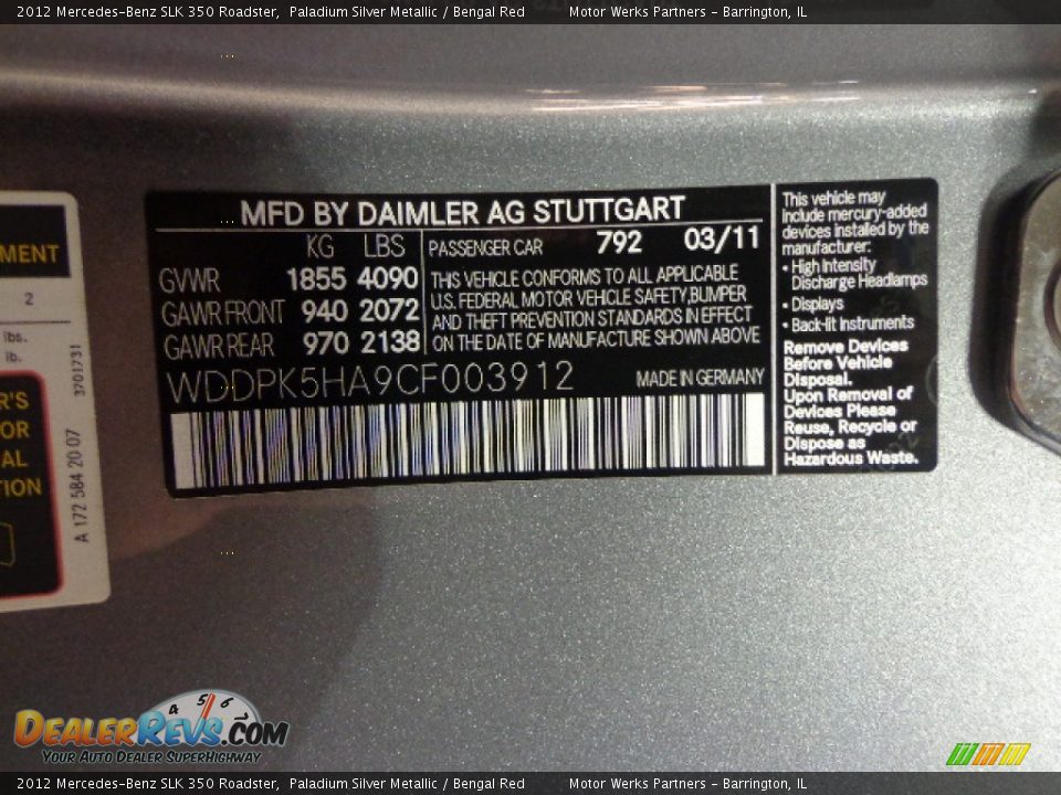 2012 Mercedes-Benz SLK 350 Roadster Paladium Silver Metallic / Bengal Red Photo #28