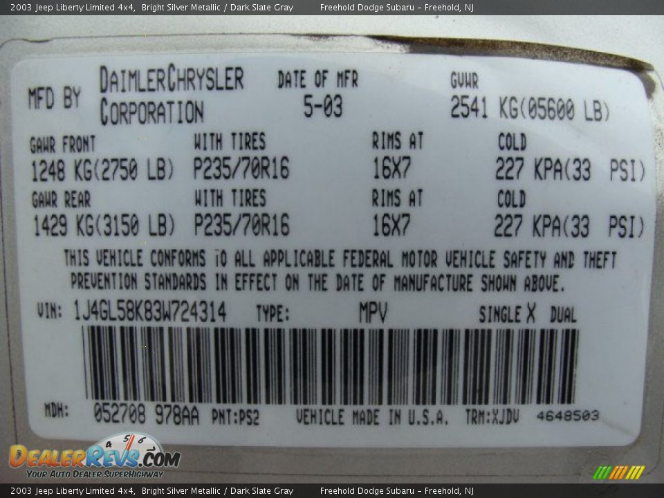 2003 Jeep Liberty Limited 4x4 Bright Silver Metallic / Dark Slate Gray Photo #15