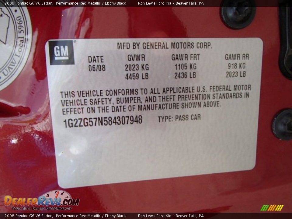 2008 Pontiac G6 V6 Sedan Performance Red Metallic / Ebony Black Photo #20