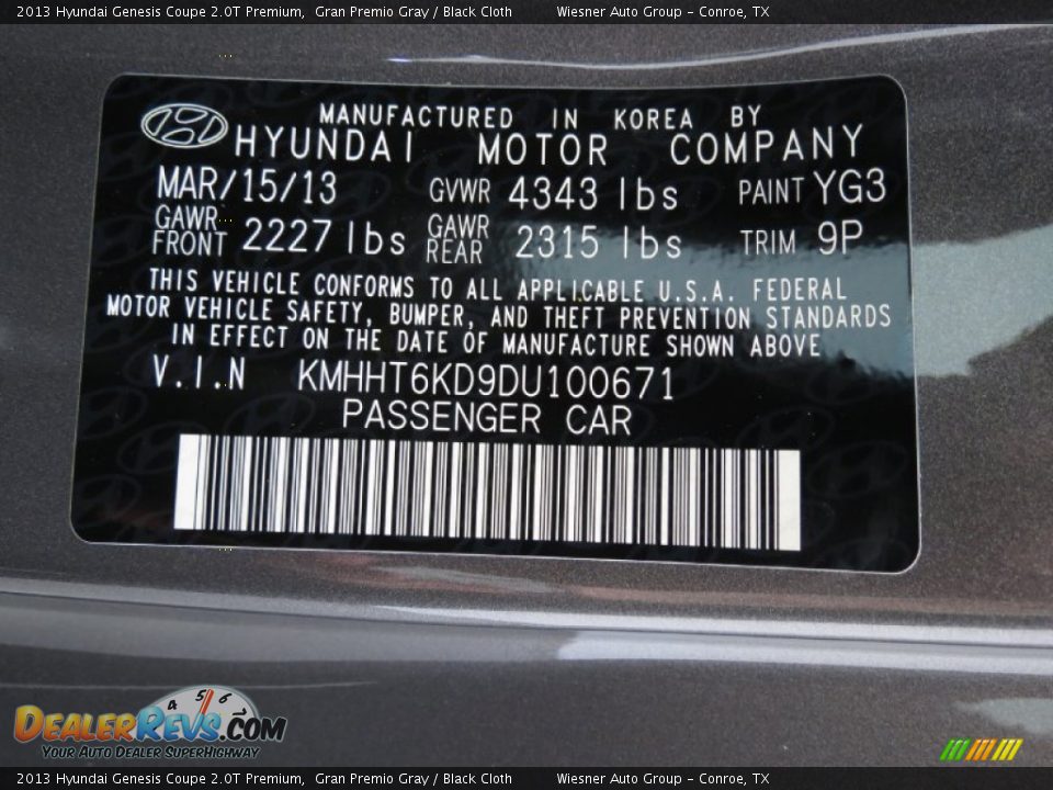 2013 Hyundai Genesis Coupe 2.0T Premium Gran Premio Gray / Black Cloth Photo #7