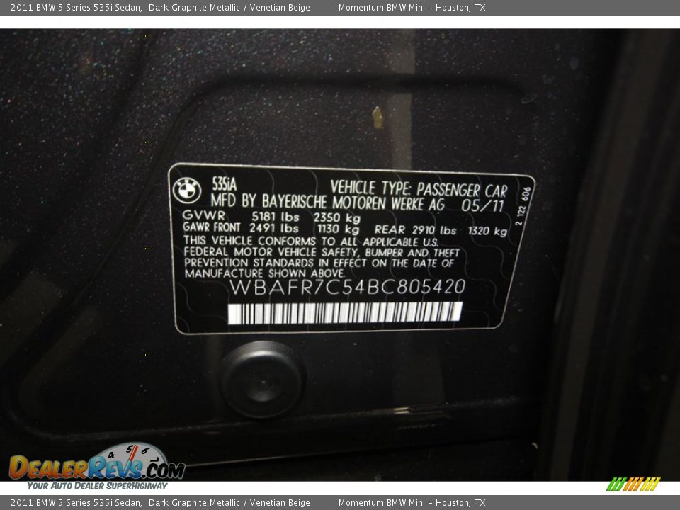 Info Tag of 2011 BMW 5 Series 535i Sedan Photo #9
