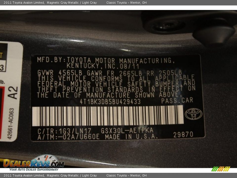 2011 Toyota Avalon Limited Magnetic Gray Metallic / Light Gray Photo #20
