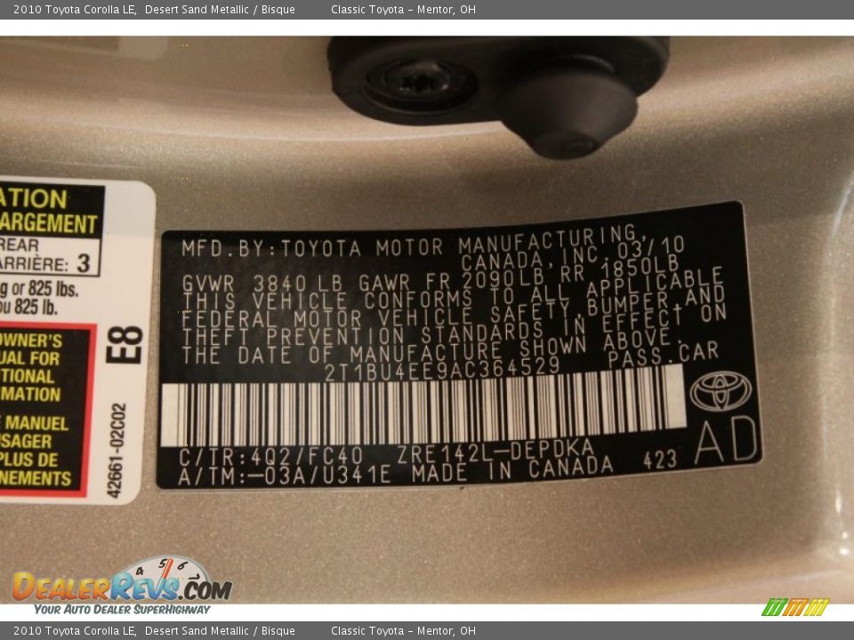 2010 Toyota Corolla LE Desert Sand Metallic / Bisque Photo #16