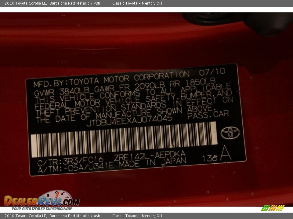 2010 Toyota Corolla LE Barcelona Red Metallic / Ash Photo #15