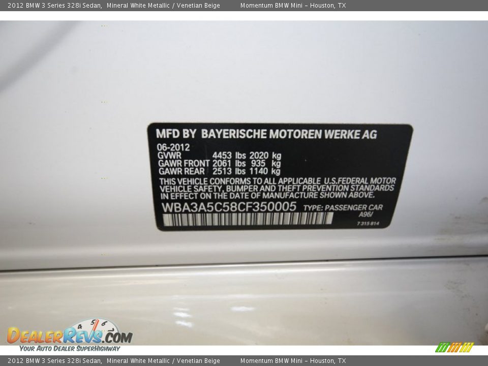 2012 BMW 3 Series 328i Sedan Mineral White Metallic / Venetian Beige Photo #9