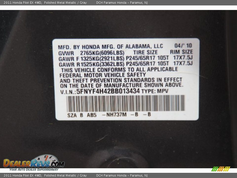 2011 Honda Pilot EX 4WD Polished Metal Metallic / Gray Photo #27