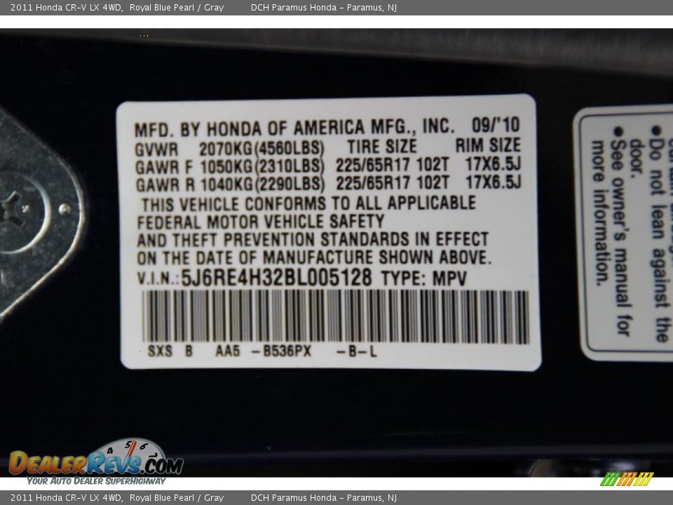 2011 Honda CR-V LX 4WD Royal Blue Pearl / Gray Photo #27