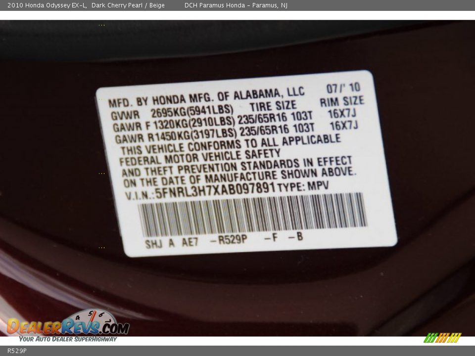 Honda Color Code R529P Dark Cherry Pearl