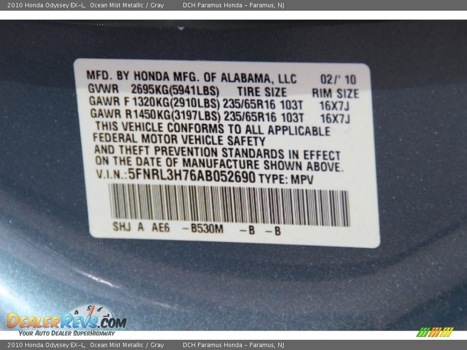 2010 Honda Odyssey EX-L Ocean Mist Metallic / Gray Photo #22