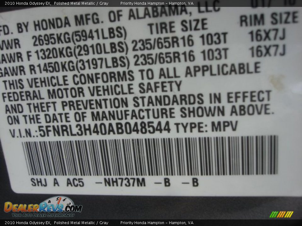 2010 Honda Odyssey EX Polished Metal Metallic / Gray Photo #26